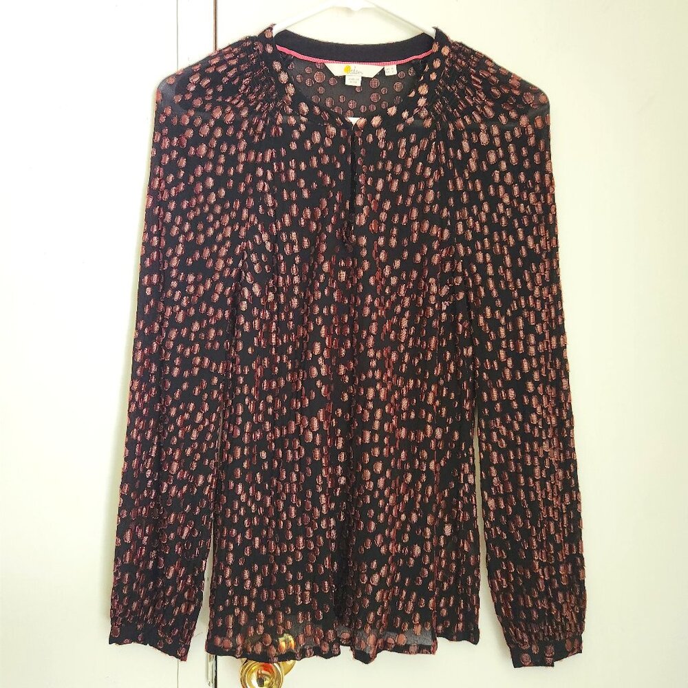 Boden Black Metallic Bronze Polka Dot Lightweight Long Sleeve Blouse Size 2